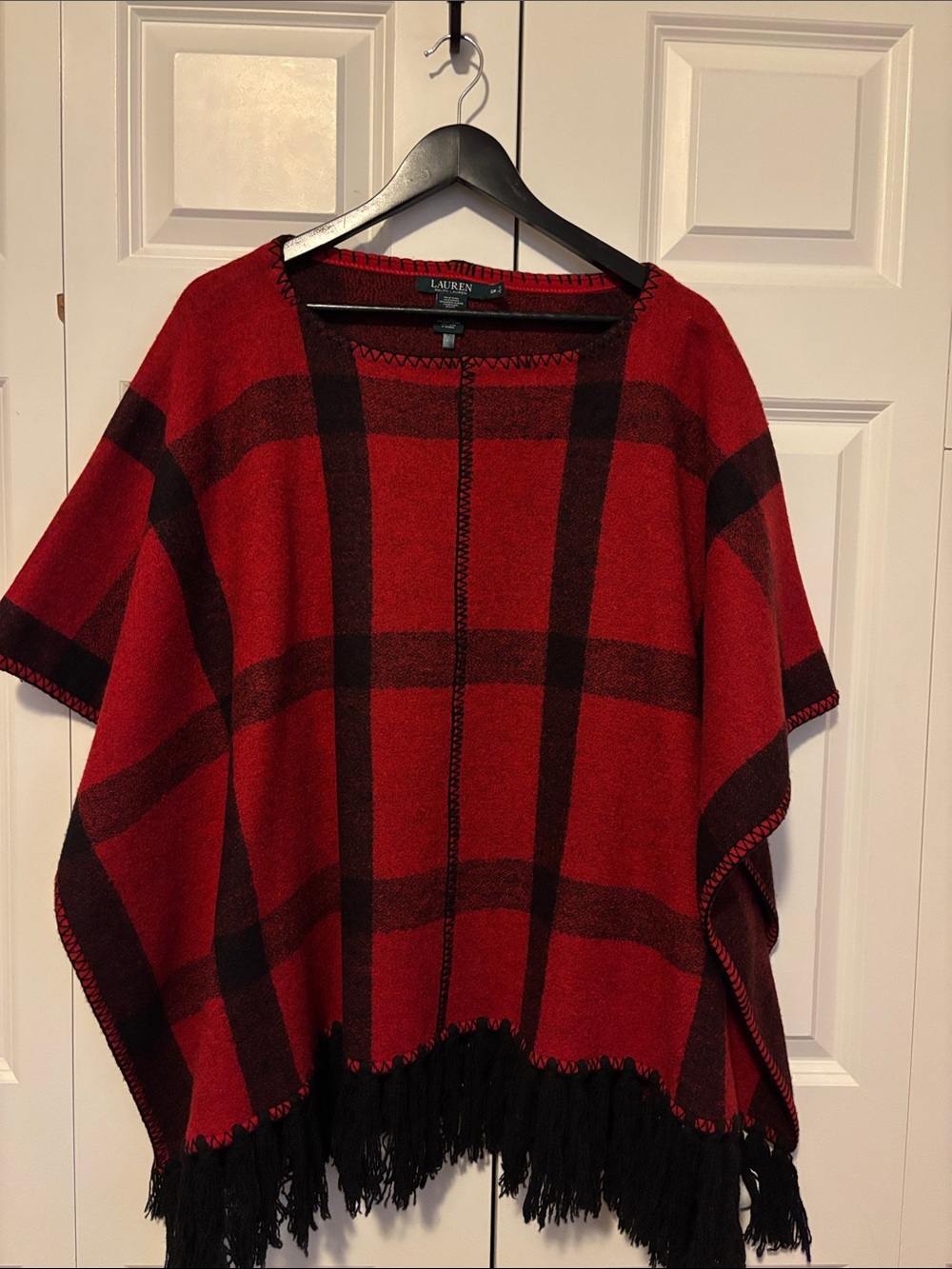 Lauren Ralph Lauren Red and Black Plaid Fringe Poncho